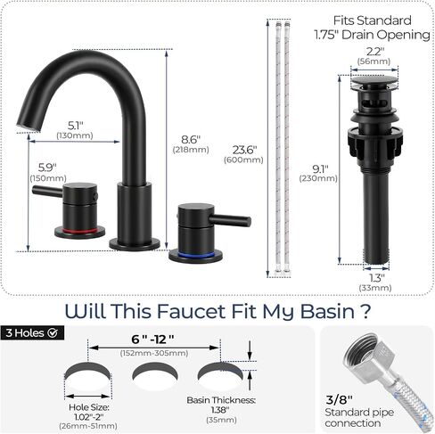 Bathroom Faucet 3 Hole, Matte Black Bathroom Sink Faucet with Pop Up Drain, 8 inch Widespread Bathroom Faucet with 360° Swivel Spout, 2 Handle Vanity Faucet with Water Supply Hoses in Saudi Arabia