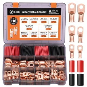 40pcs Battery Cable Ends Kit,1/0 AWG 2 AWG 4 AWG Copper Lugs,0 Gauge 00 Gauge Heavy Duty Wire lugs, 3/8" Ring Terminal Connectors with 3:1 Heat Shrink Tube & Storage Box in Kuwait