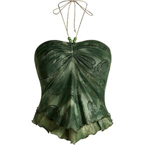 Women's Tribal Pattern Asymmetrical Hem Tie Halter Backless Tops Boho Ruched Sleeveless Cami Tops in Kuwait