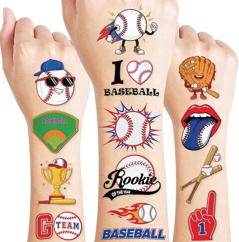 96 PCS Baseball Sports Pre-Cut Temporary Tattoos for Kids | Super Cute Baseball Themed Birthday Party Favors, Supplies, Decorations, Fake Tattoo Stickers (Multiple) in Kuwait