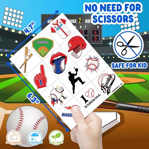96 PCS Baseball Sports Pre-Cut Temporary Tattoos for Kids | Super Cute Baseball Themed Birthday Party Favors, Supplies, Decorations, Fake Tattoo Stickers (Multiple) in Kuwait