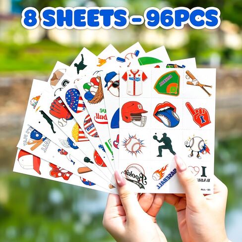 96 PCS Baseball Sports Pre-Cut Temporary Tattoos for Kids | Super Cute Baseball Themed Birthday Party Favors, Supplies, Decorations, Fake Tattoo Stickers (Multiple) in Kuwait