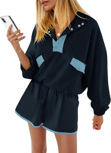 Fisoew Womens 2 قطعة مجموعات التعرق غير الرسمي نصف زر بلوك بلوك سروال سراويل القصيرة المسارات السقوط in Kuwait