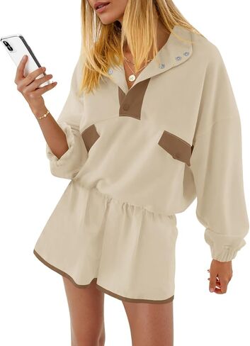 Fisoew Womens 2 قطعة مجموعات التعرق غير الرسمي نصف زر بلوك بلوك سروال سراويل القصيرة المسارات السقوط in Kuwait