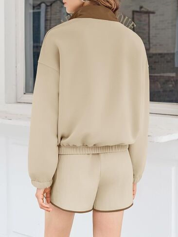 Fisoew Womens 2 قطعة مجموعات التعرق غير الرسمي نصف زر بلوك بلوك سروال سراويل القصيرة المسارات السقوط in Kuwait