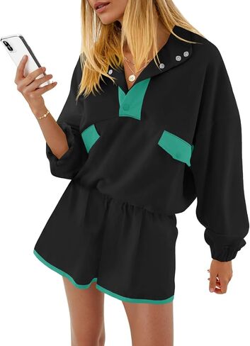 Fisoew Womens 2 قطعة مجموعات التعرق غير الرسمي نصف زر بلوك بلوك سروال سراويل القصيرة المسارات السقوط in Kuwait