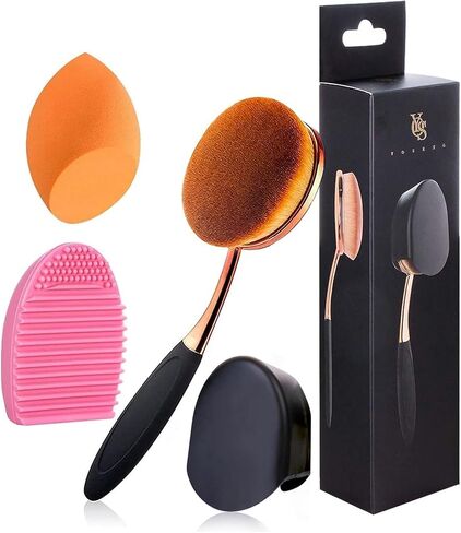 Large Rose Gold Foundation contour Round Toothbrush Dust Free Oval Makeup Brushes with Blending Sponge dustproof cover brush egg cleaner … in Kuwait