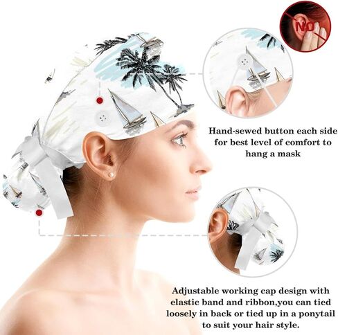 Ethnic Aztec Pattern Working Cap Nurse & Bowknot Scrunchy Set, Surgery Nurse Cap, Tie Back Hats with Sweatband for Women in Saudi Arabia