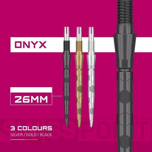 Darts Target Swiss Point Storm Steel Points ، Onyx (3 حزمة مجموعة من النصائح) 26 مم/30 مم/35 مم - الذهب/الفضة/الأسود | تغيير نقاط السهام ، ونصائح احتياطية ، وملحقات السهام المهنية in Kuwait