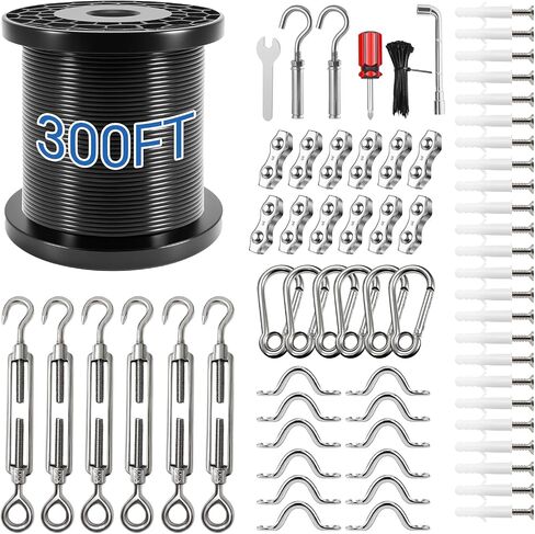 UZE String Light Hanging Kit with 300 FT Nylon-Coated Stainless Steel Wire Rope Cable and Comprehensive Range of Accessories,Globe String Light Suspension Kit for Outdoor Decor in Saudi Arabia