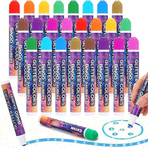 Crtiin 24 Pack Glitter Bingo Daubers, Shimmer Dot Markers in 12 Glitter Colors Fluorescent Assorted Colors Set of Dot Markers for Fun Art Drawing Craft DIY Painting Supplies Bingo Supplies in Saudi Arabia