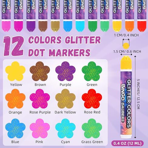 Crtiin 24 Pack Glitter Bingo Daubers, Shimmer Dot Markers in 12 Glitter Colors Fluorescent Assorted Colors Set of Dot Markers for Fun Art Drawing Craft DIY Painting Supplies Bingo Supplies in Saudi Arabia