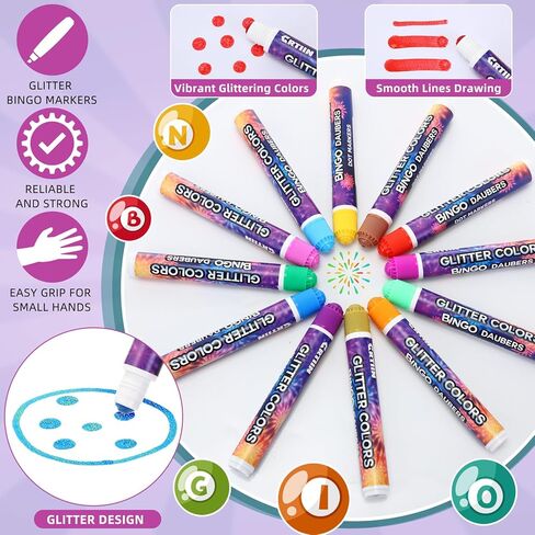 Crtiin 24 Pack Glitter Bingo Daubers, Shimmer Dot Markers in 12 Glitter Colors Fluorescent Assorted Colors Set of Dot Markers for Fun Art Drawing Craft DIY Painting Supplies Bingo Supplies in Saudi Arabia