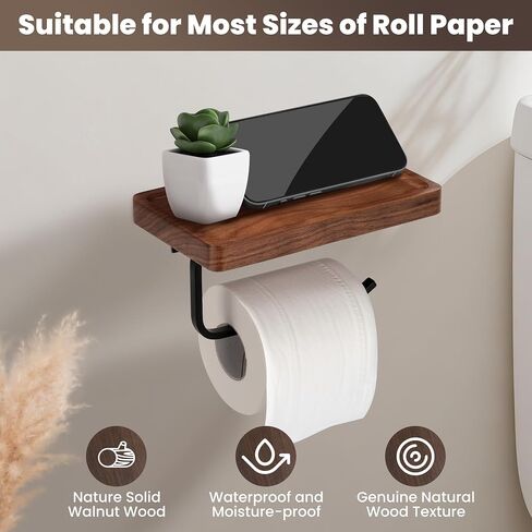 Toilet Paper Holder with Walnut Wood Shelf - Wall Mount & Self-Adhesive Bathroom Tissue Holder, Black Stainless Steel with Walnut Shelf for Phone - Home Apartment Restroom Decor Essentials in Saudi Arabia