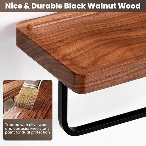 Toilet Paper Holder with Walnut Wood Shelf - Wall Mount & Self-Adhesive Bathroom Tissue Holder, Black Stainless Steel with Walnut Shelf for Phone - Home Apartment Restroom Decor Essentials in Saudi Arabia