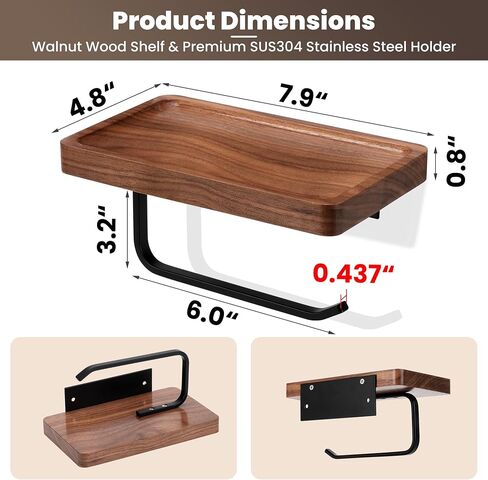 Toilet Paper Holder with Walnut Wood Shelf - Wall Mount & Self-Adhesive Bathroom Tissue Holder, Black Stainless Steel with Walnut Shelf for Phone - Home Apartment Restroom Decor Essentials in Saudi Arabia