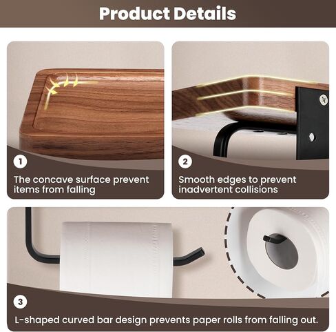 Toilet Paper Holder with Walnut Wood Shelf - Wall Mount & Self-Adhesive Bathroom Tissue Holder, Black Stainless Steel with Walnut Shelf for Phone - Home Apartment Restroom Decor Essentials in Saudi Arabia