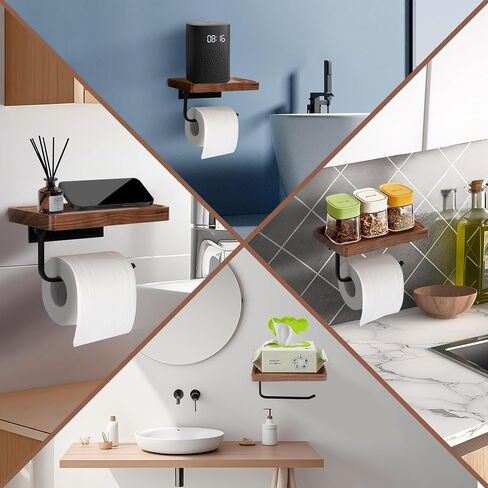 Toilet Paper Holder with Walnut Wood Shelf - Wall Mount & Self-Adhesive Bathroom Tissue Holder, Black Stainless Steel with Walnut Shelf for Phone - Home Apartment Restroom Decor Essentials in Saudi Arabia