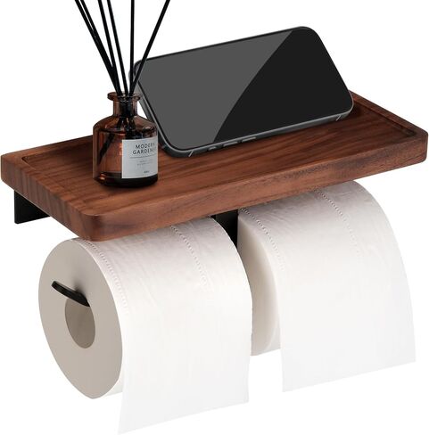 Toilet Paper Holder with Walnut Wood Shelf - Wall Mount & Self-Adhesive Bathroom Tissue Holder, Black Stainless Steel with Walnut Shelf for Phone - Home Apartment Restroom Decor Essentials in Saudi Arabia