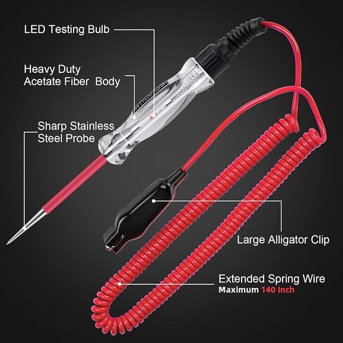 Professional LED Bulb Automotive Circuit Tester, 6-24V Test Light with Large Alligator Clip and 135IN PU Extended Wire, Light Tester Electrical Pen for Vehicle Circuits with Low DC Voltage in Kuwait