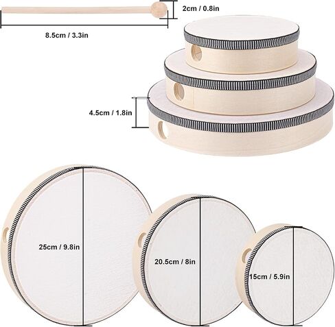 6 PCS Wood Hand Drum with Drum Stick ، Phercussion Wood Frame Prams ، Musical Adactions لحفلات الزفاف ، عيد الميلاد ، الحفلات ، التجمعات ، الحفلات الموسيقية (6/8/10 بوصة) in Saudi Arabia