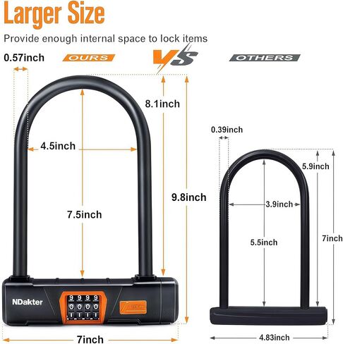 Ndakter Bike Locks Highted Duty Anti-Anti ، قفل U-Beyless دراجة نارية لـ Ebike مع سلسلة 4ft × 6 مم ، قفل عجلة الدراجات الكهربائية المكونة من 4 أرقام للدراجة ، الدراجة الأوساخ الدهنية ، دراجة ترابية in Kuwait