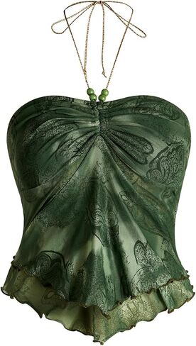 Women's Tribal Pattern Asymmetrical Hem Tie Halter Backless Tops Boho Ruched Sleeveless Cami Tops in Kuwait