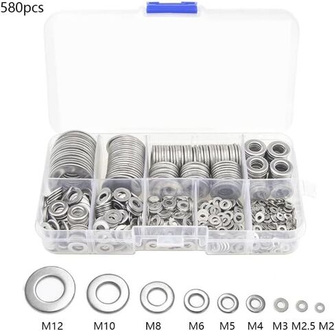580pc/box refliztment 304 غسالات الفولاذ المقاوم للصدأ غسالات عادية غسالات غسالة معدنية مجموعة M2 M2.5 M3 M4 M5 M6 M8 M10 M12 in Saudi Arabia
