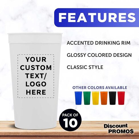 Custom Plastic Stadium Cups 32 oz. Set of 10, Personalized Bulk Pack - Perfect for Summer, Sporting Events, Birthdays, Picnic, Beach, Parties - White in Saudi Arabia