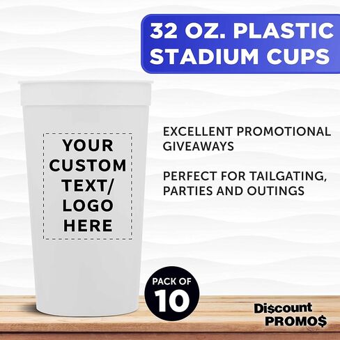Custom Plastic Stadium Cups 32 oz. Set of 10, Personalized Bulk Pack - Perfect for Summer, Sporting Events, Birthdays, Picnic, Beach, Parties - White in Saudi Arabia