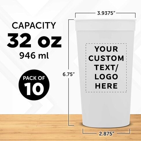 Custom Plastic Stadium Cups 32 oz. Set of 10, Personalized Bulk Pack - Perfect for Summer, Sporting Events, Birthdays, Picnic, Beach, Parties - White in Saudi Arabia