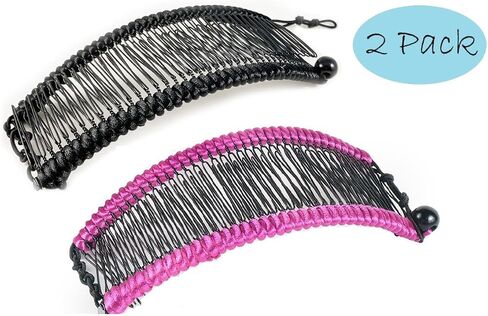 Stretch Banana clips (2-Pack) - Hair Combs for Thick or Natural Hair - Comfortable all-day hold for updo hairstyles (Large, Brown Satin Cord wrap and White faux Pearl bead) in Saudi Arabia