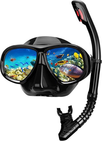 Snorkeling Gear for Adults, Snorkel Mask Adult Set Wide View Scuba Mask Anti-Leak and Anti-Fog Tempered Glass Lens Dry Top Mask Nose Cover for Youth (Black) in Saudi Arabia