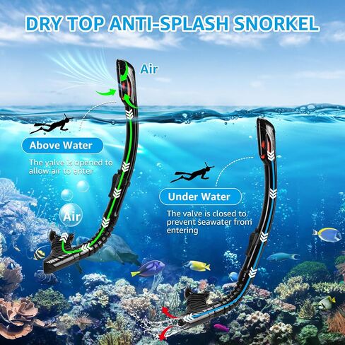 Snorkeling Gear for Adults, Snorkel Mask Adult Set Wide View Scuba Mask Anti-Leak and Anti-Fog Tempered Glass Lens Dry Top Mask Nose Cover for Youth (Black) in Saudi Arabia