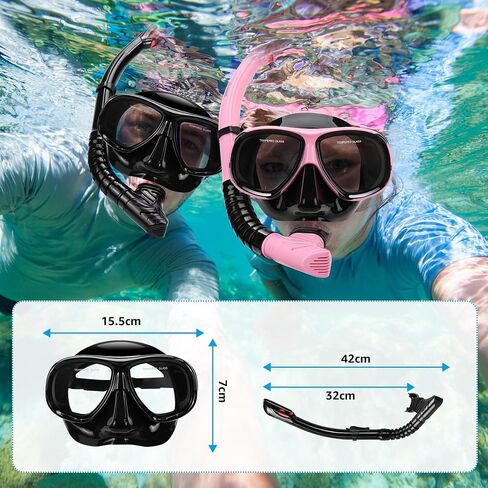 Snorkeling Gear for Adults, Snorkel Mask Adult Set Wide View Scuba Mask Anti-Leak and Anti-Fog Tempered Glass Lens Dry Top Mask Nose Cover for Youth (Black) in Saudi Arabia