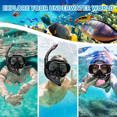 Snorkeling Gear for Adults, Snorkel Mask Adult Set Wide View Scuba Mask Anti-Leak and Anti-Fog Tempered Glass Lens Dry Top Mask Nose Cover for Youth (Black) in Saudi Arabia