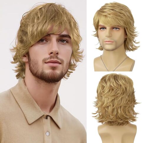 البني البني بني قصير الطبقات الطبيعية متموجة متموجة مقاومة للحرارة شعر مستعار الذكور الرجل اليومية حفلة الهالوين in Kuwait