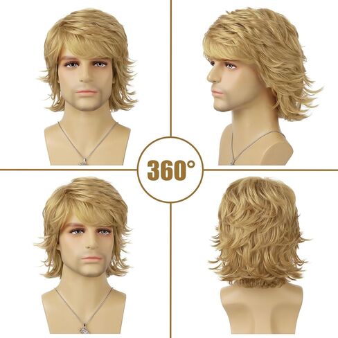 البني البني بني قصير الطبقات الطبيعية متموجة متموجة مقاومة للحرارة شعر مستعار الذكور الرجل اليومية حفلة الهالوين in Kuwait