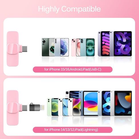 Pink Wireless Lavalier Microphone for iPhone & Android - Mini Clip-On Mic with Noise Cancellation, 65ft Range, 8H Battery, USB-C/Lightning - for TikTok, YouTube, Podcast, Live Streaming in Kuwait