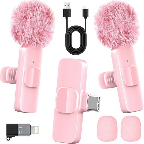 Pink Wireless Lavalier Microphone for iPhone & Android - Mini Clip-On Mic with Noise Cancellation, 65ft Range, 8H Battery, USB-C/Lightning - for TikTok, YouTube, Podcast, Live Streaming in Kuwait