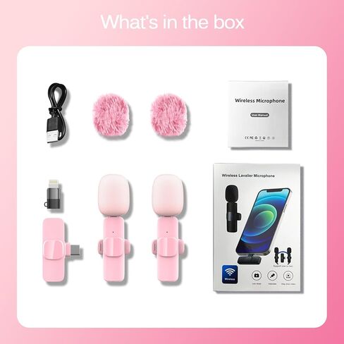 Pink Wireless Lavalier Microphone for iPhone & Android - Mini Clip-On Mic with Noise Cancellation, 65ft Range, 8H Battery, USB-C/Lightning - for TikTok, YouTube, Podcast, Live Streaming in Kuwait