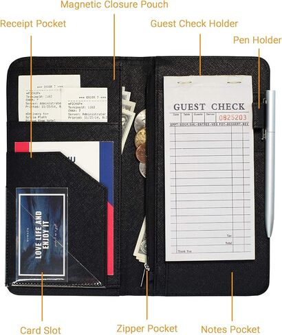 Server Book with Zipper and Magnetic Pocket Waitress Book Waiter Book Wallet Restaurant Waitstaff Organizer Fit Server Apron with Money Pocket 4.7" X 9" (Big Capacity with Magnetic Closure) in Kuwait