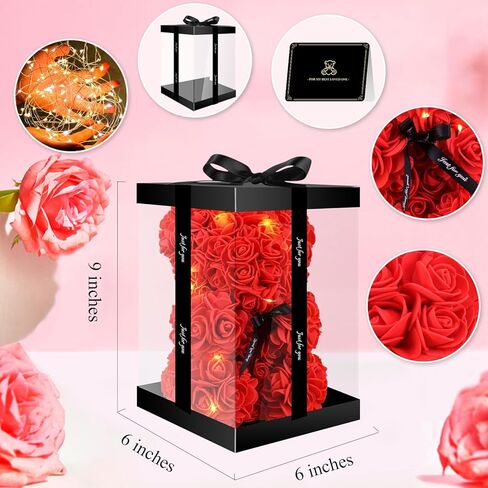 Otlonpe Bear Rose Flower, Mothers Day Flowers Gifts for Mom Wife Grandma Daughter Friends Sister Her, 9 inch Handmade Roses Led Light in Gifts Box, Womens Gifts for Birthday Christmas Valentines in Kuwait