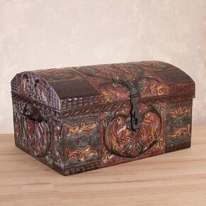 NOVICA Leaf and Tree Pinewood Leather Jewelry Box, Brown, Autumn Leaves'