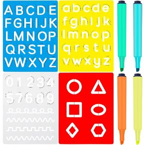 Gersoniel 10 Pieces Preschool Letters and Numbers Alphabet Stencils Colorful Double Sided Tracing Board PET Paint Boards with Craft Markers Marker Paint Pens Preschool Learning Toys