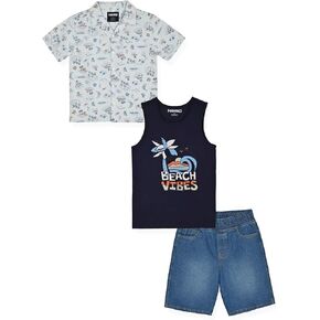 3 Piece Boys Short Sets - Boys Skateboard Tee Shirt Woven Short and Button Front Camp Shirt Set for Kids Clothing