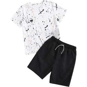 OYOANGLE Boy's 2 Piece Printed Short Sleeve Top and Drawstring Waist Shorts Set Summer Casual Outfits
