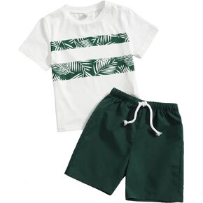 Floerns Boy's 2 Piece Outfit Tropical Print Short Sleeve Tee with Shorts Set