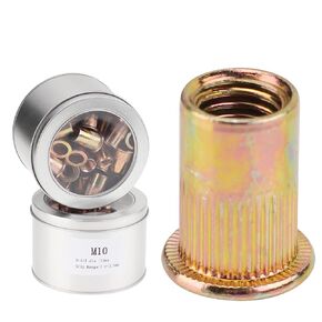 M4*0.7 150 PCS Tin Box Packing Metric Zinc Plated Carbon Steel Rivet Nuts Big Flange Flat Head Insert Nutsert Grip Range 0.5-2.0mm, Hole Size: 6mm