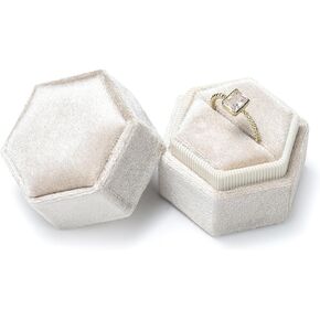 Etercycle Velvet Ring Box - Vintage Hexagon Premium Jewelry Display Holder Gift Box with Detachable Lid for Wedding Ceremony Proposal Engagement (Beige, 1 Slot)